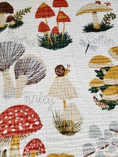 a quilt with many different types of mushrooms on it and words written in cursive writing