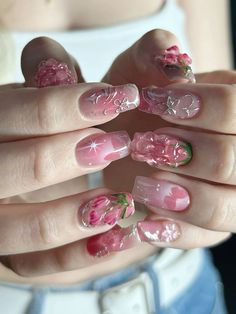 Pink Nails Korean, Nails Pink Jelly, Kpop Inspired Nails, Russian Manicure Design, Jelly Nails Designs, Korean Jelly Nails, Nezuko Nails, Korea Nail Art, Pink Jelly Nails