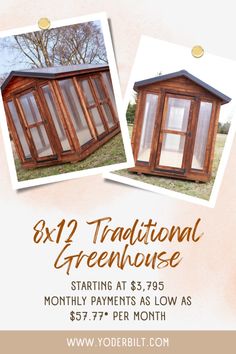 an advertisement for a tiny house with two windows and the words 8x2 traditional greenhouse starting at $ 35 95