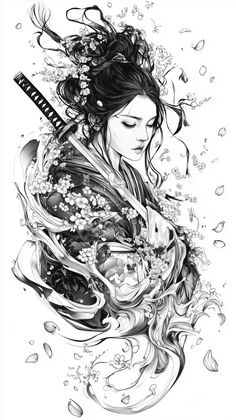 Japanese Ideas Tattoo, Cherry Blossom Leg Sleeve, Lady Samurai Tattoo, Japanese Cherry Blossom Tattoo Black And White, Samurai Girl Drawing, Geisha Drawing Tattoo, Female Samurai Tattoo Geishas, Female Samurai Tattoo Design, Japanese Drawing Ideas