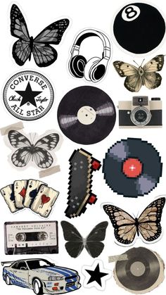 an assortment of different types of stickers on a white background, including headphones and records