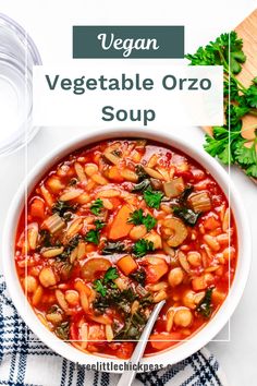 vegan vegetable orzo soup in a white bowl