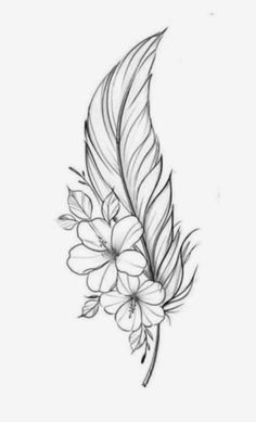 a drawing of a feather with flowers on it