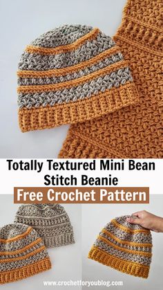 the crochet beanie pattern is shown in three different colors