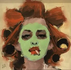 a painting of a woman with green makeup