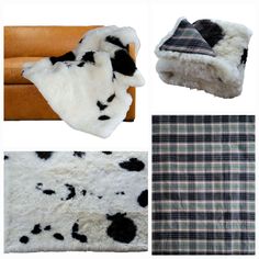 four different types of sheepskins are shown in this collage, including one with a plaid blanket and the other with black and white fur