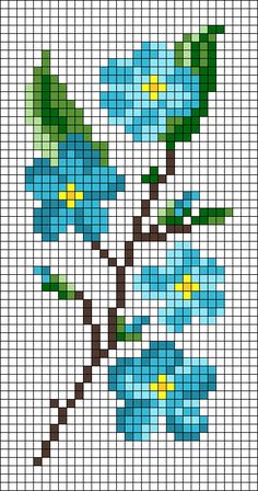 a cross stitch pattern with blue flowers on it