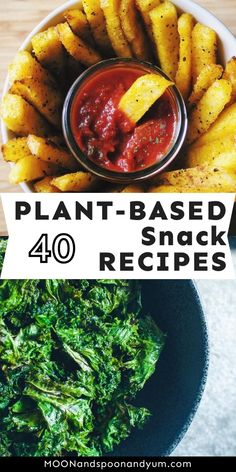 two pictures with different types of food in them and the words plant - based snack recipes