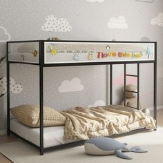 a child's bedroom with a bunk bed and toy animals on the floor next to it