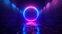 a dark tunnel with a neon circle in the middle and blue light at the end