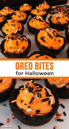 oreo bites for halloween with orange frosting and sprinkles on top