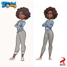 two cartoon characters, one with an afro and the other wearing grey pants and white shoes