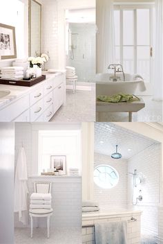 there are four pictures of white bathroom decor