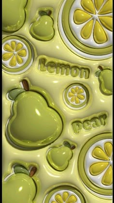 an apple, orange and lemon pattern on a yellow background