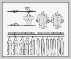 a line drawing of clothes and shoes hanging on hooks in front of a white background