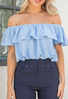 Super cute and feminine off shoulder style top. Pairs well with any bottoms from dresses to casual. Color: Sky Blue - True to size - Stretch - Elastic hem 100% Polyester *Refer to size chart or contact us for any further questions. Flirty Strapless Top For Day Out, Trendy Spring Off-shoulder Top With Ruffles, Casual Off-shoulder Top With Ruffles, Spring Off-shoulder Ruffle Top, Spring Cotton Off-shoulder Top With Ruffles, Off-shoulder Ruffled Summer Tops, Off-shoulder Ruffled Tops For Summer, Trendy Summer Off-shoulder Top, Trendy Off-shoulder Ruffle Top For Day Out