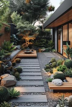 a very nice looking garden with some rocks and succulents on the ground