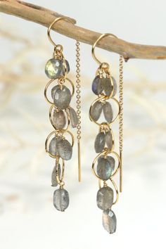 Labradorite Cluster Threader Earrings - Mickey Lynn Labradorite Earrings, Jewelry Design Earrings, Demi Fine Jewelry, Threader Earrings, Cluster Earrings, Jewelry Inspo, Faceted Gemstones, Bracelet Patterns, Stone Jewelry