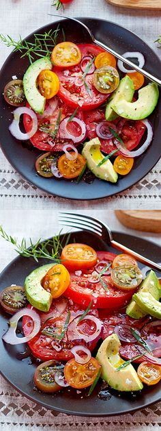 two pictures of tomatoes and cucumbers on a plate with a fork in it