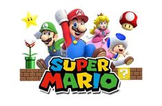 the logo for super mario is shown in front of some other characters and stars on a white background