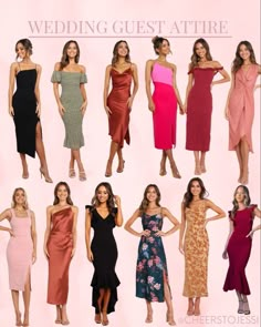 a group of women standing next to each other in different dress styles and colors on a pink background