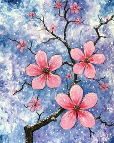 a painting of pink flowers on a tree branch against a blue and purple sky background