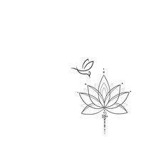 a black and white drawing of a lotus flower with a bird flying over the top