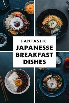 four photos of japanese breakfast dishes with chopsticks, rice and sauce on the side