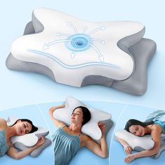 a woman laying on top of a pillow next to an inflatable pillow with arrows