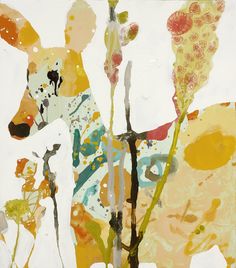 an abstract painting of a giraffe and flowers