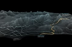 a map with mountains and roads on it in the middle of the night, showing where to go