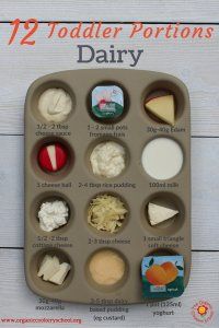 a tray with different types of food on it and the words 12 toddler portions dairy