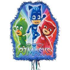 the pj masks pinata is hanging from a pole with blue tassels