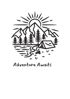 the logo for adventure awaits, with mountains and trees in the background on a white background