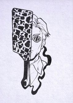 a black and white drawing of a man holding a toothbrush in his hand with an animal print on it