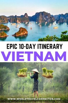 a woman holding an umbrella over her head with the words epic 10 - day itinerary vietnam