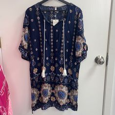 Women’s Size L, Navy Blue With Colorful Pattern, Mid Length Dress, Brand New Patterned Boho Print Short Sleeve Dress, Patterned Short Sleeve Mini Dress For Beach, Multicolor Casual Boho Dress With Short Sleeves, Casual Multicolor Short Sleeve Boho Dress, Casual Blue Floral Print Tunic, Casual Multicolor Boho Dress With Short Sleeves, Patterned Short Sleeve Beach Dress, Casual Printed Boho Dress With Short Sleeves, Casual Printed Short Sleeve Boho Dress