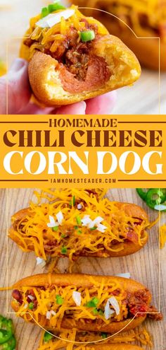 this homemade chili cheese corn dog is so good it's loaded with cheesy toppings