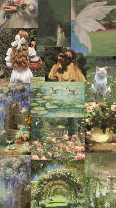 a collage of pictures with flowers and people in the middle one has an angel on it