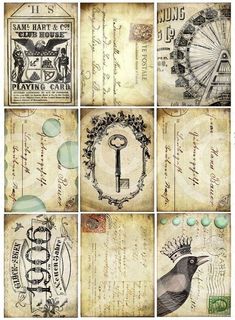 several different pictures of old fashioned paper with keys and letters on them, all in various styles