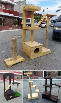 the cat house is made out of pallet wood and has stairs to climb up