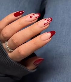 Almond Shape Nails Halloween, Circus Ringmaster Nails, Simple Blood Nails, Cherry Red Halloween Nails, Halloween Red And Black Nails, Halloween Blood Nails Design, Nails Blood Design, Blood Themed Nails, Halloween Nail Art Simple