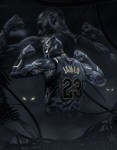 a black and gold basketball jersey with the number 23 on it in front of an alien background