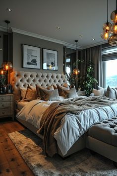 a large bed sitting in the middle of a bedroom next to a window with lights on it