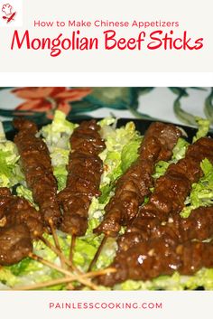 beef skewers with lettuce and sauce on them are featured in this postcard