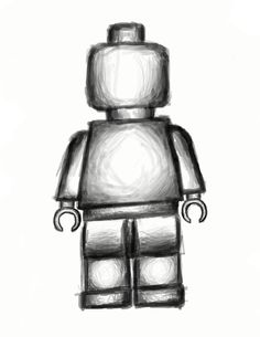 a black and white drawing of a lego figure