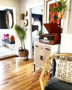 a living room filled with furniture and a potted plant on top of a table