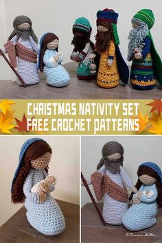 crocheted christmas nativity set with three pictures and text overlay that reads, christmas nativity set free crochet patterns