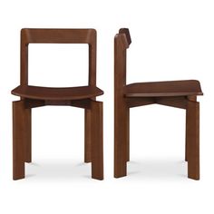 two wooden chairs sitting next to each other