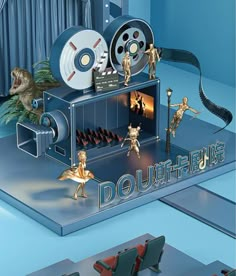 an advertisement for the movie doubette with action figures and film reels on display